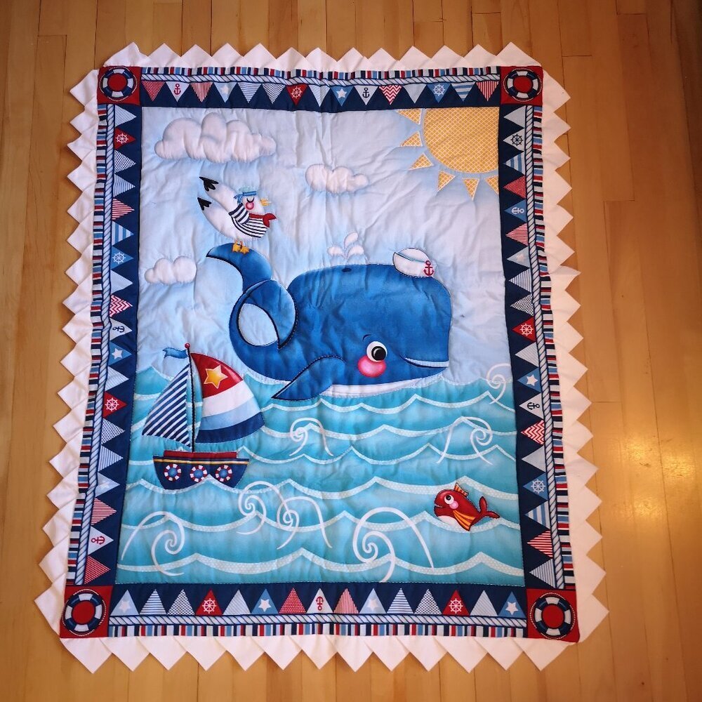 Homemade Kids 37"x 45" Quilt w/ Clouds, Boat & Whale in Blue w/ White Edging